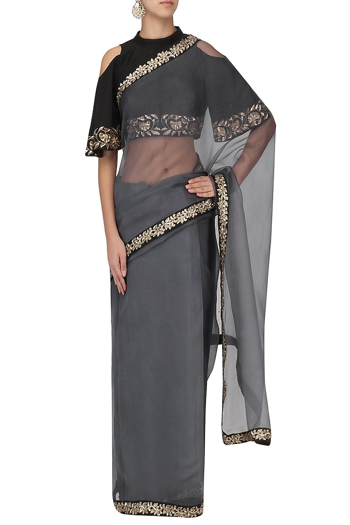 Iron grey and black embroidered saree with blouse available only at Pernia's Pop Up Shop.