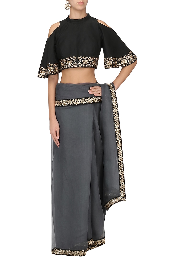 Iron grey and black embroidered saree with blouse available only at Pernia's Pop Up Shop.
