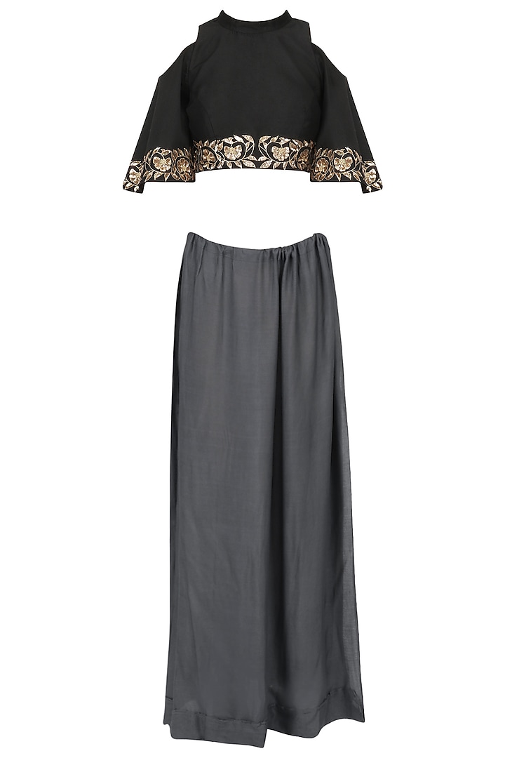 Iron grey and black embroidered saree with blouse available only at Pernia's Pop Up Shop.