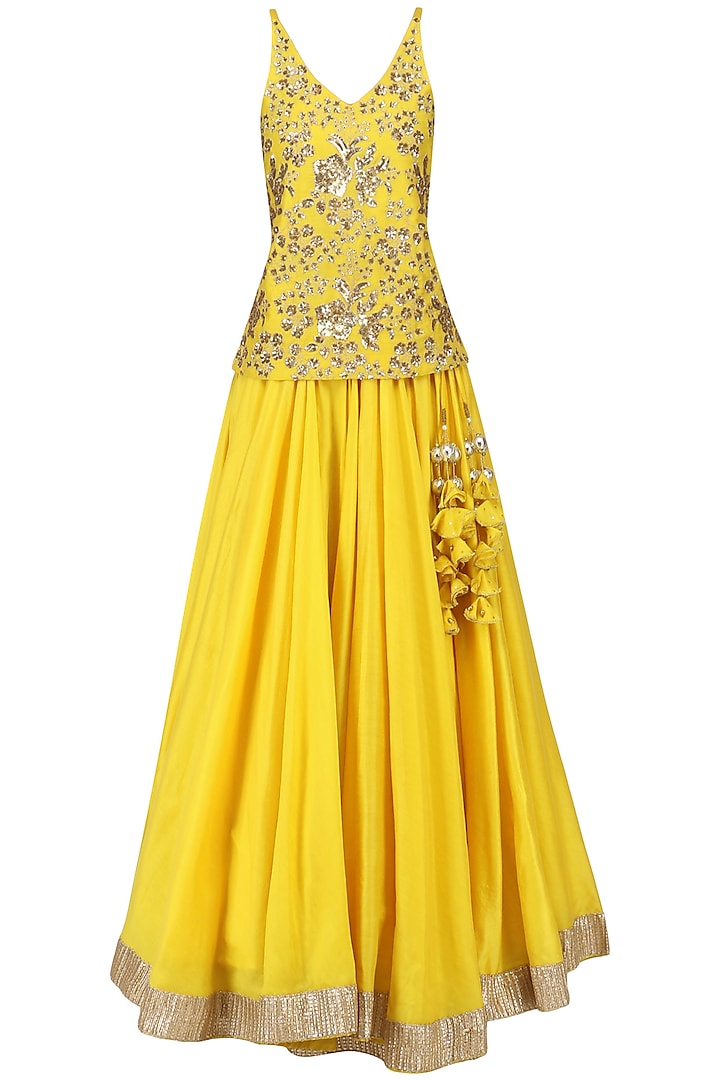 Sunflower Yellow Embroidered Top with Lehenga Set by Ranian