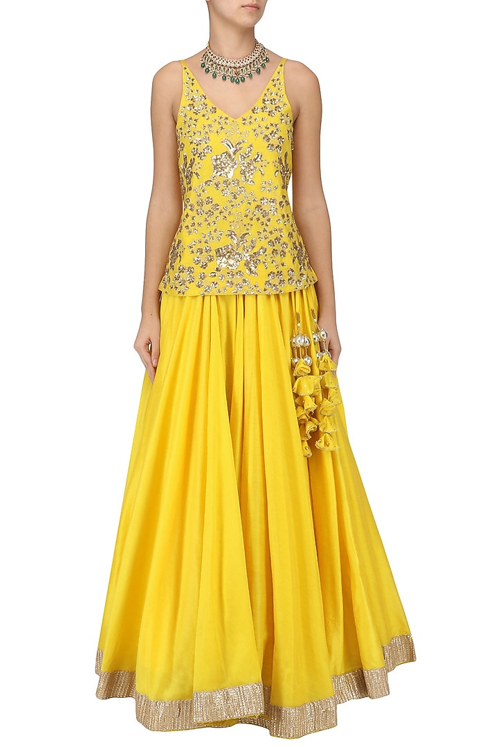 Sunflower yellow embroidered top with lehenga set available only at Pernia's Pop Up Shop.