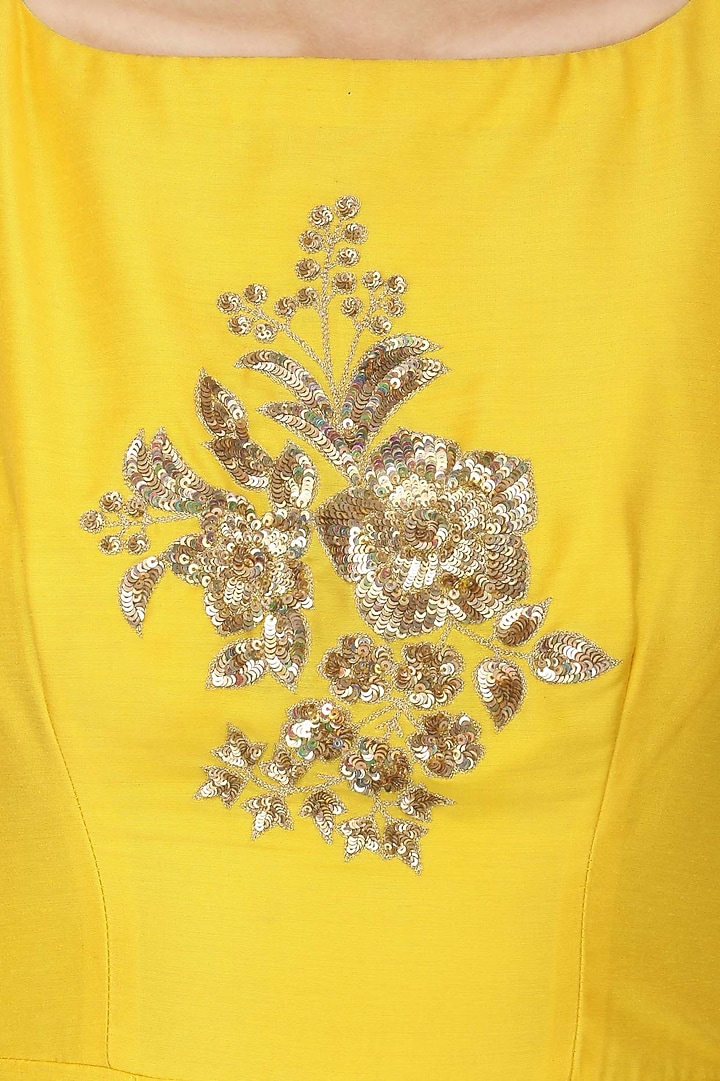 Sunflower yellow embroidered peplum kurta with dhoti salwar set available only at Pernia's Pop Up Shop.
