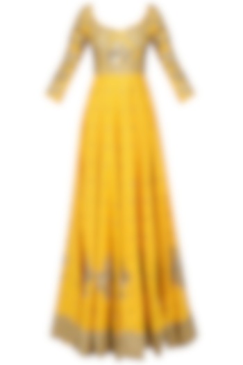 Ochre yellow embroidered anarkali set available only at Pernia's Pop Up Shop.