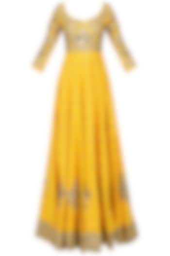 Ochre Yellow Embroidered Anarkali Set by Ranian