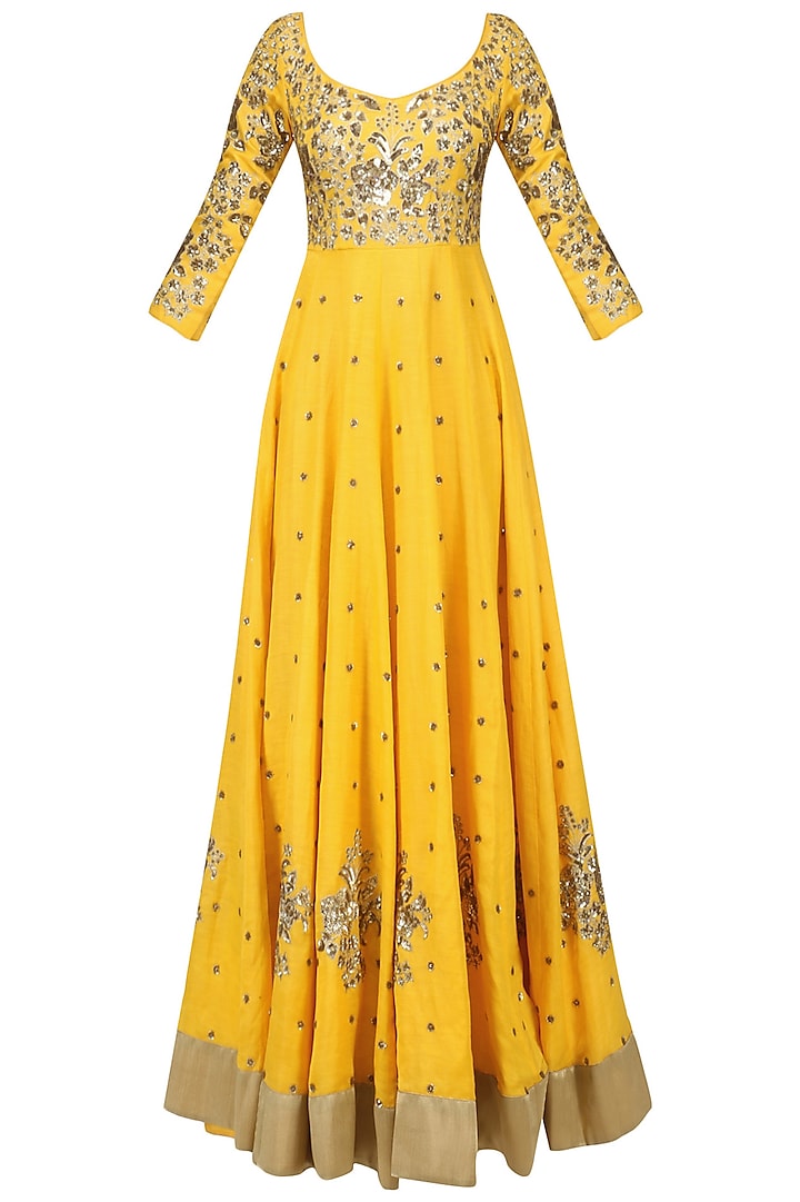 Ochre Yellow Embroidered Anarkali Set by Ranian
