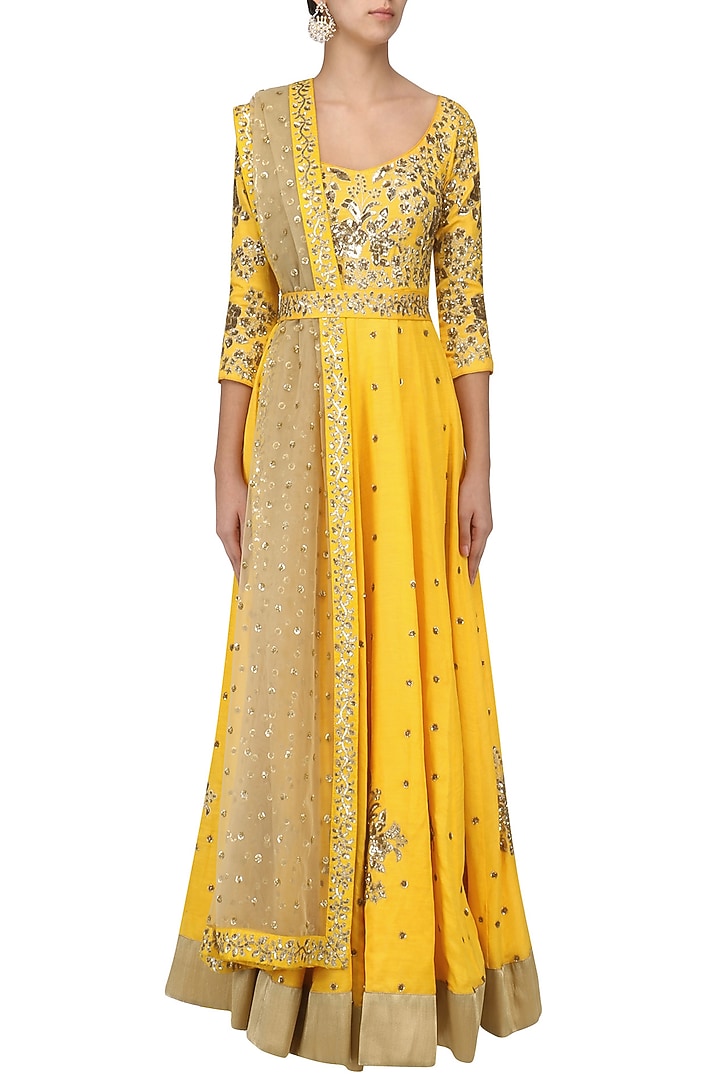 Ochre yellow embroidered anarkali set available only at Pernia's Pop Up Shop.