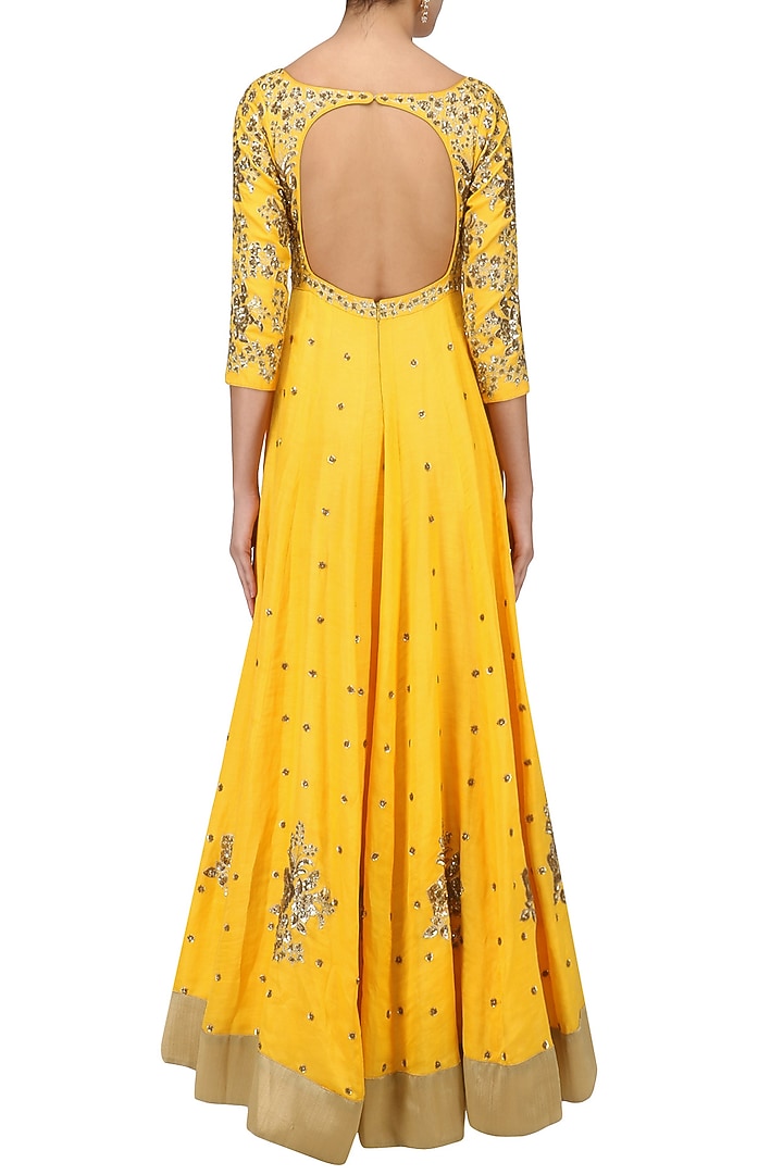 Ochre yellow embroidered anarkali set available only at Pernia's Pop Up Shop.