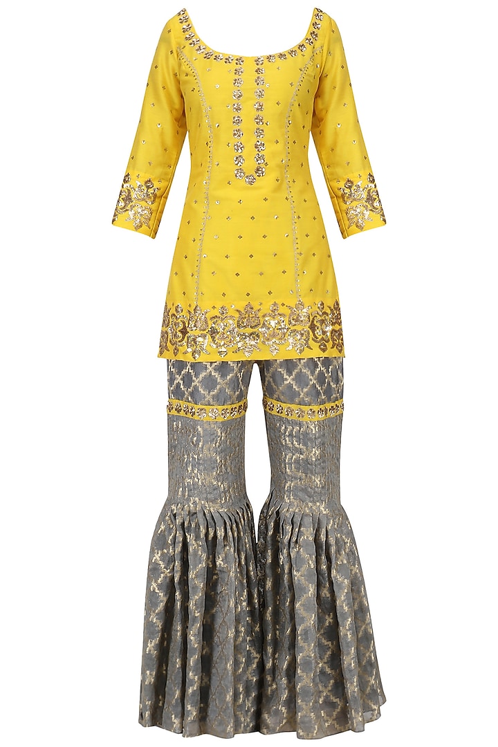 Sunflower Yellow Embroidered Short Kurta with Gharara Set by Ranian