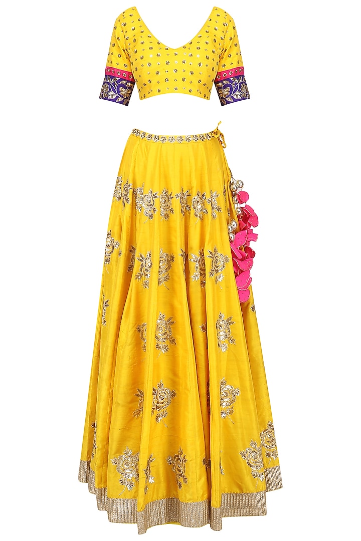 Turmeric Yellow and Pink Embroidered Lehenga Set by Ranian