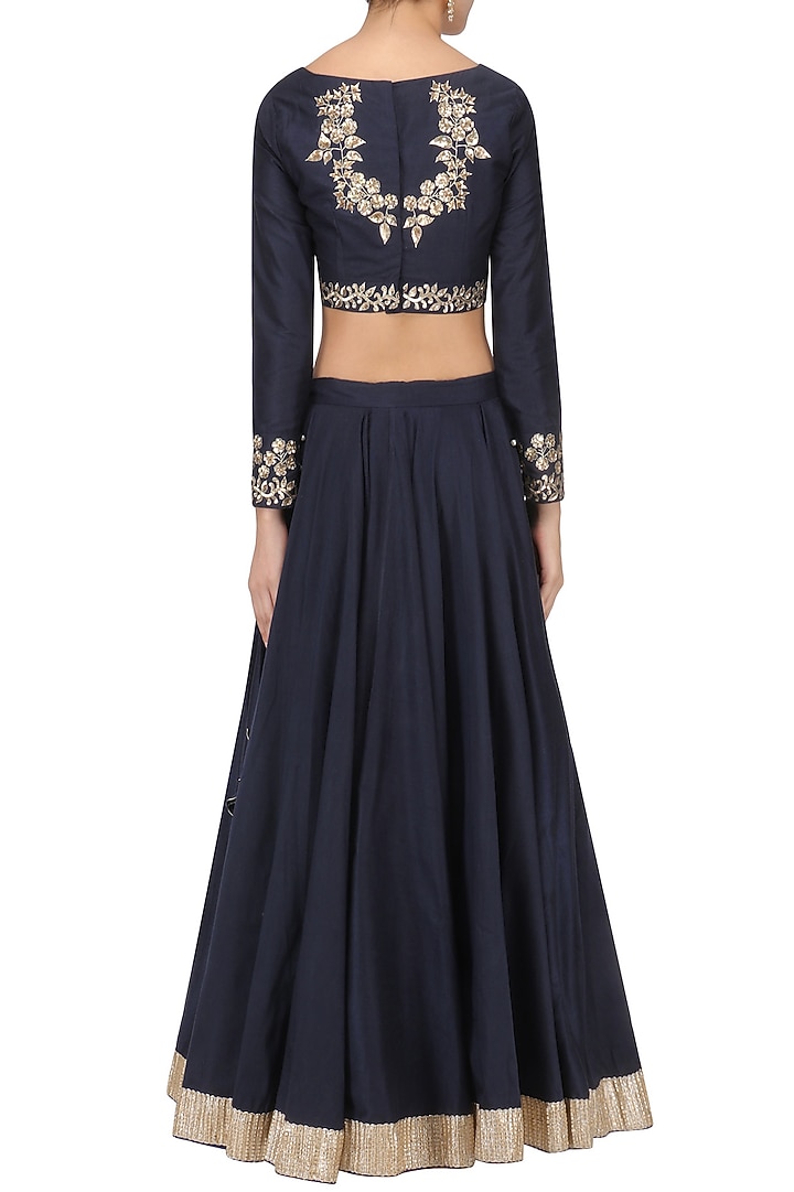 Midnight blue embroidered lehenga set available only at Pernia's Pop Up Shop.