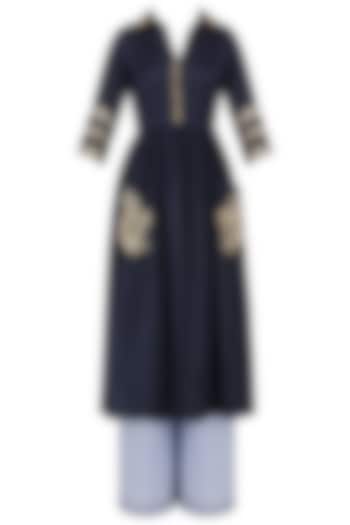 Midnight Blue Embroidered Tunic with Palazzo Pants Set by Ranian