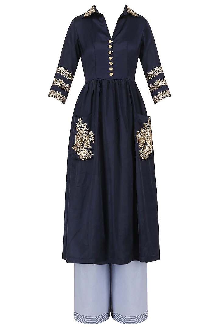 Midnight Blue Embroidered Tunic with Palazzo Pants Set by Ranian