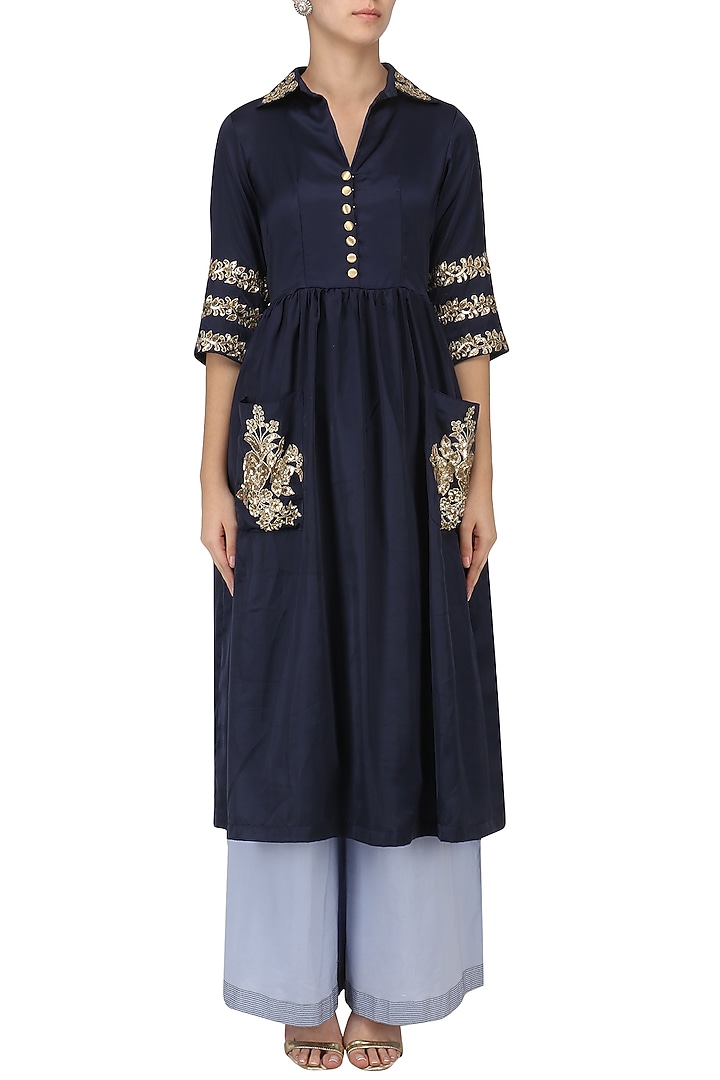 Midnight blue embroidered tunic with palazzo pants set available only at Pernia's Pop Up Shop.