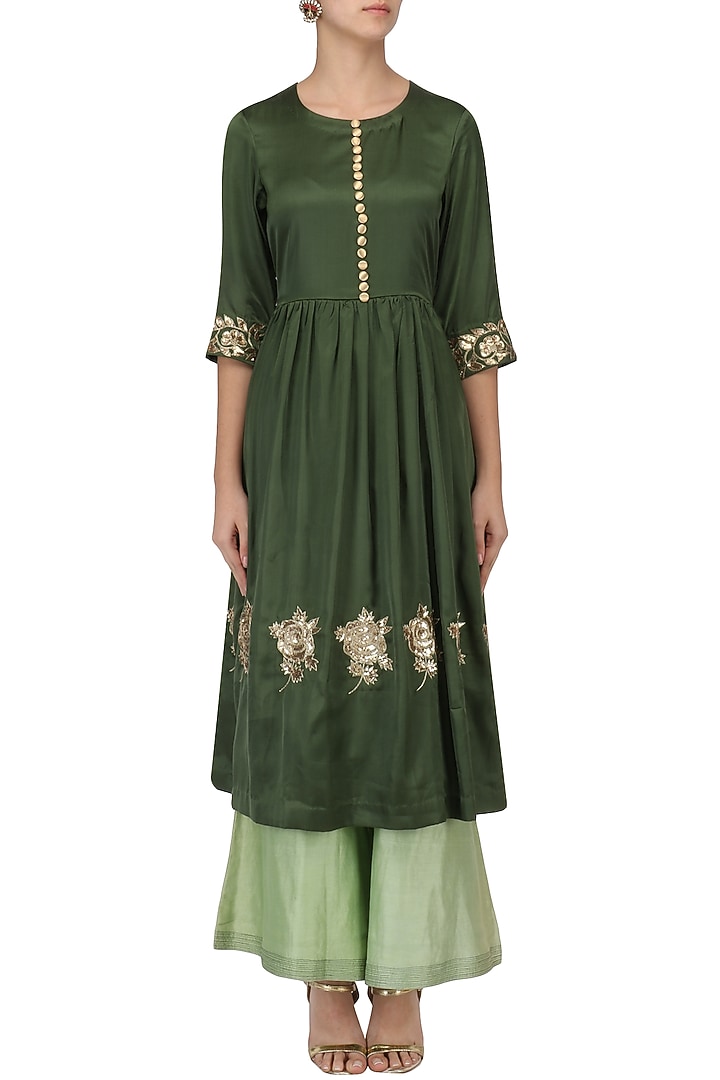 Seaweed green embroidered tunic with palazzo pants set available only at Pernia's Pop Up Shop.