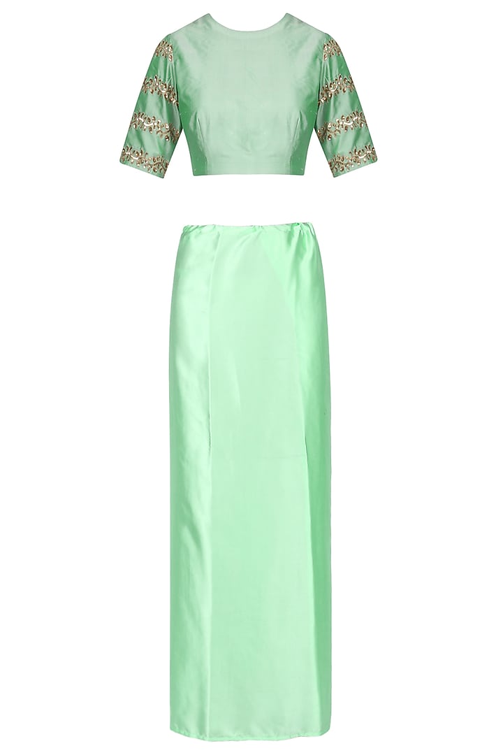Mint green embroidered saree with blouse available only at Pernia's Pop Up Shop.