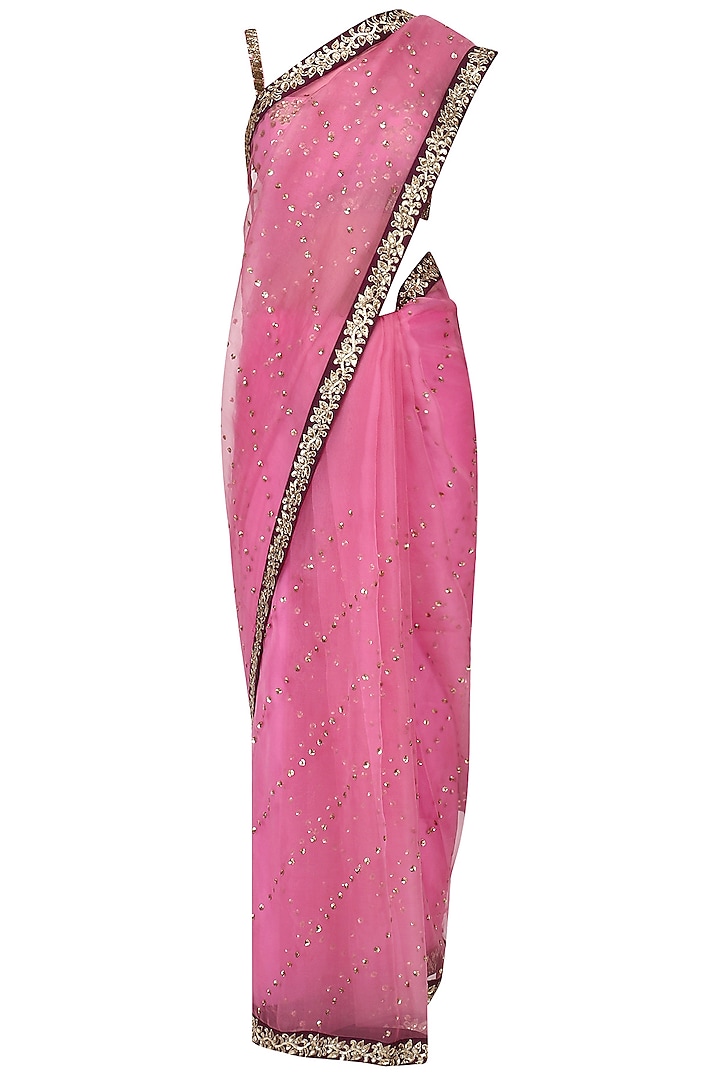 Blush Pink And Wine Embroidered Saree with Blouse by Ranian