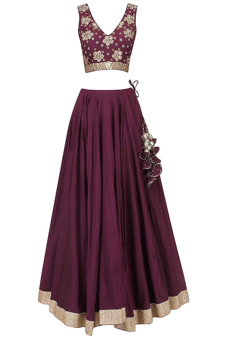 Wine and Blush Pink Embroidered Lehenga Set by Ranian