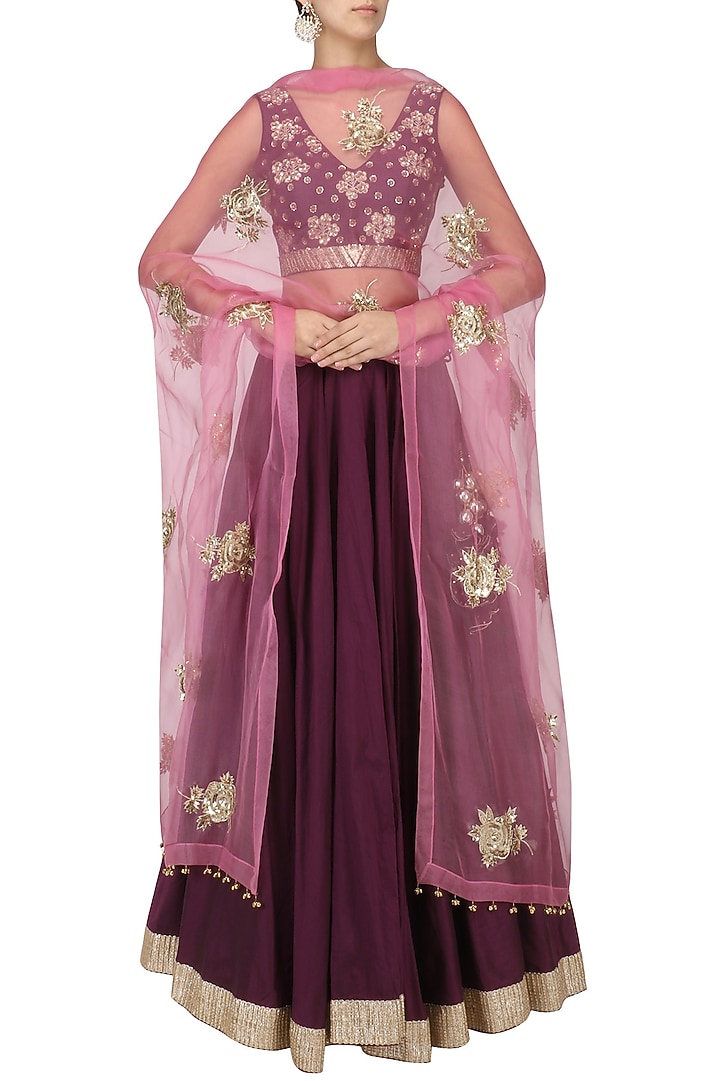 Wine and blush pink embroidered lehenga set available only at Pernia's Pop Up Shop.