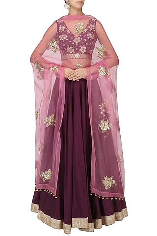 Wine and Blush Pink Embroidered Lehenga Set by Ranian