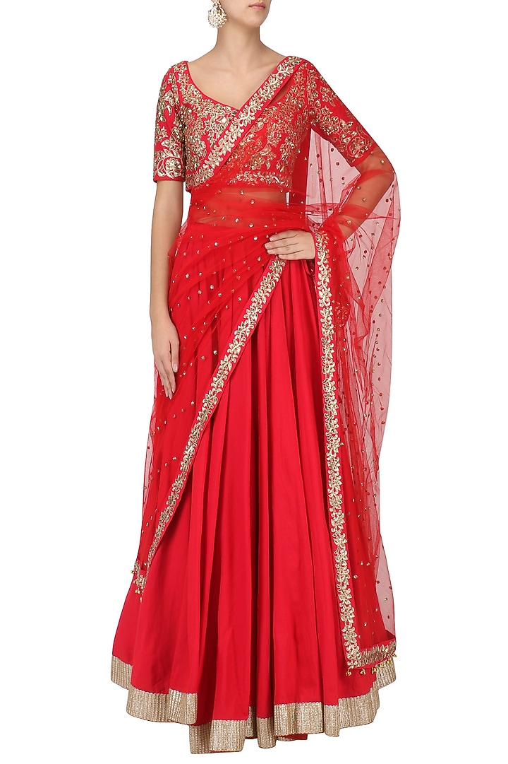 Crimson red embroidered lehenga set available only at Pernia's Pop Up Shop.
