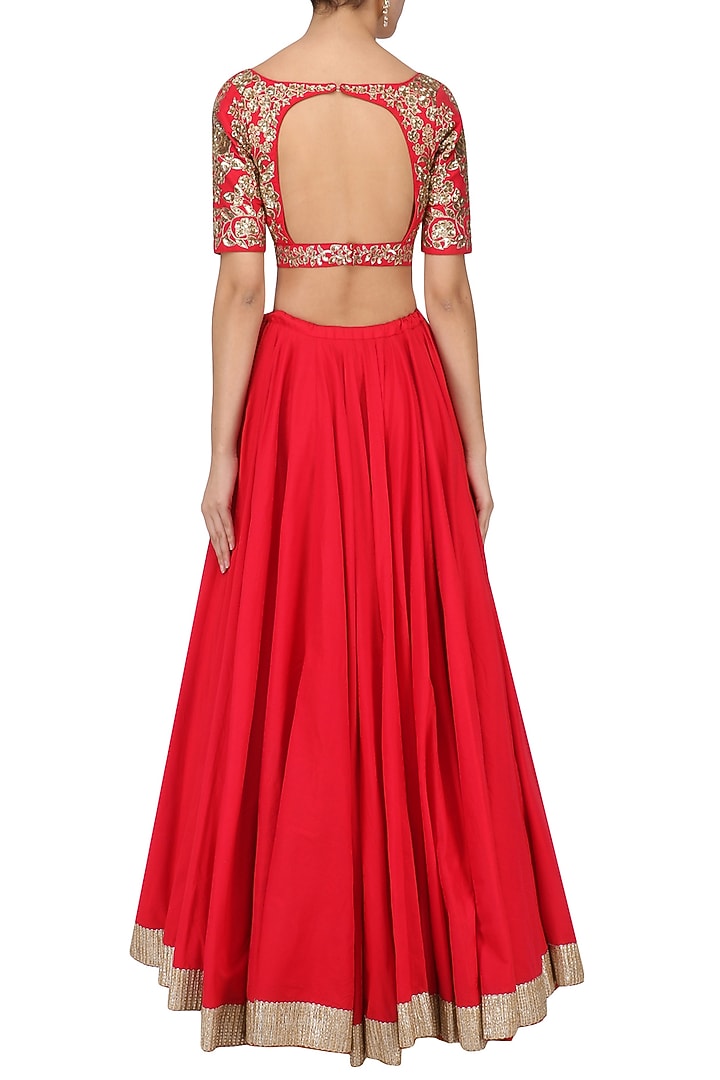 Crimson red embroidered lehenga set available only at Pernia's Pop Up Shop.