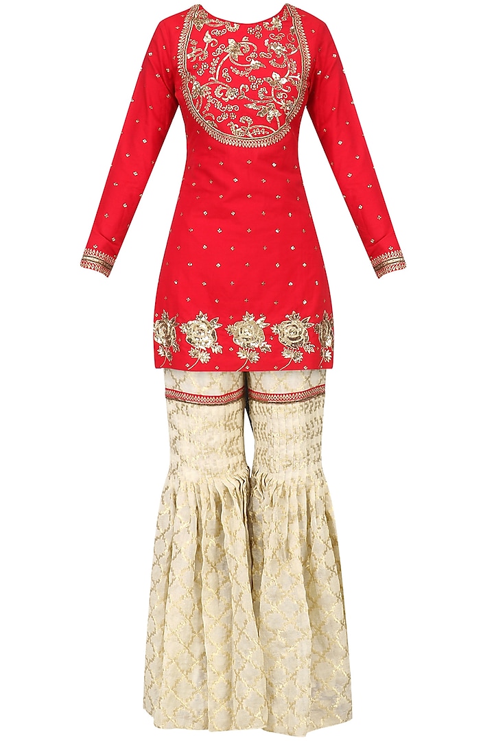 Crimson Red Embroidered Short Kurta with Gharara Set by Ranian