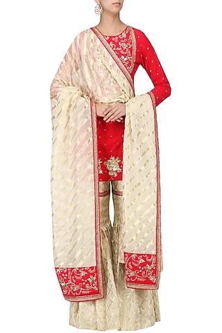 Crimson Red Embroidered Short Kurta with Gharara Set by Ranian