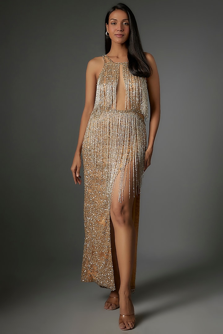 Gold Tulle Bead Embroidered Gown by Neha Bafna