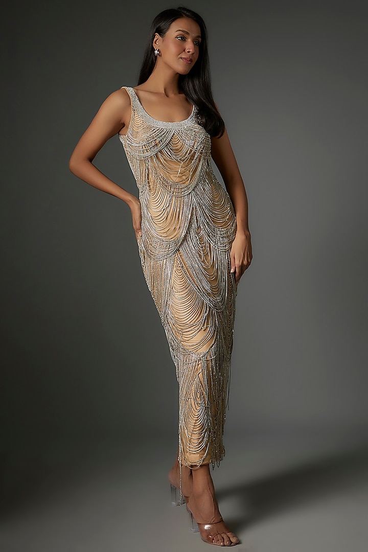 Silver Tulle Swarovski Embellished Gown by Neha Bafna