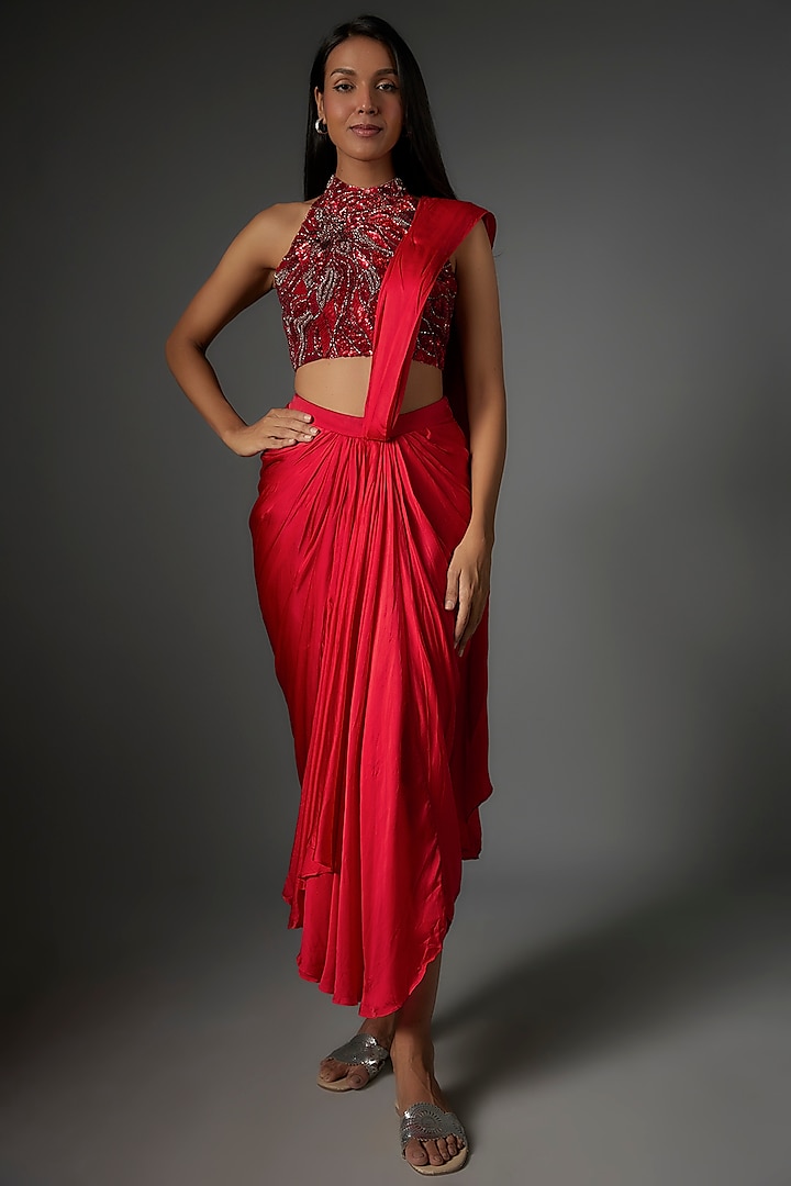 Red Satin Draped Skirt Set by Neha Bafna