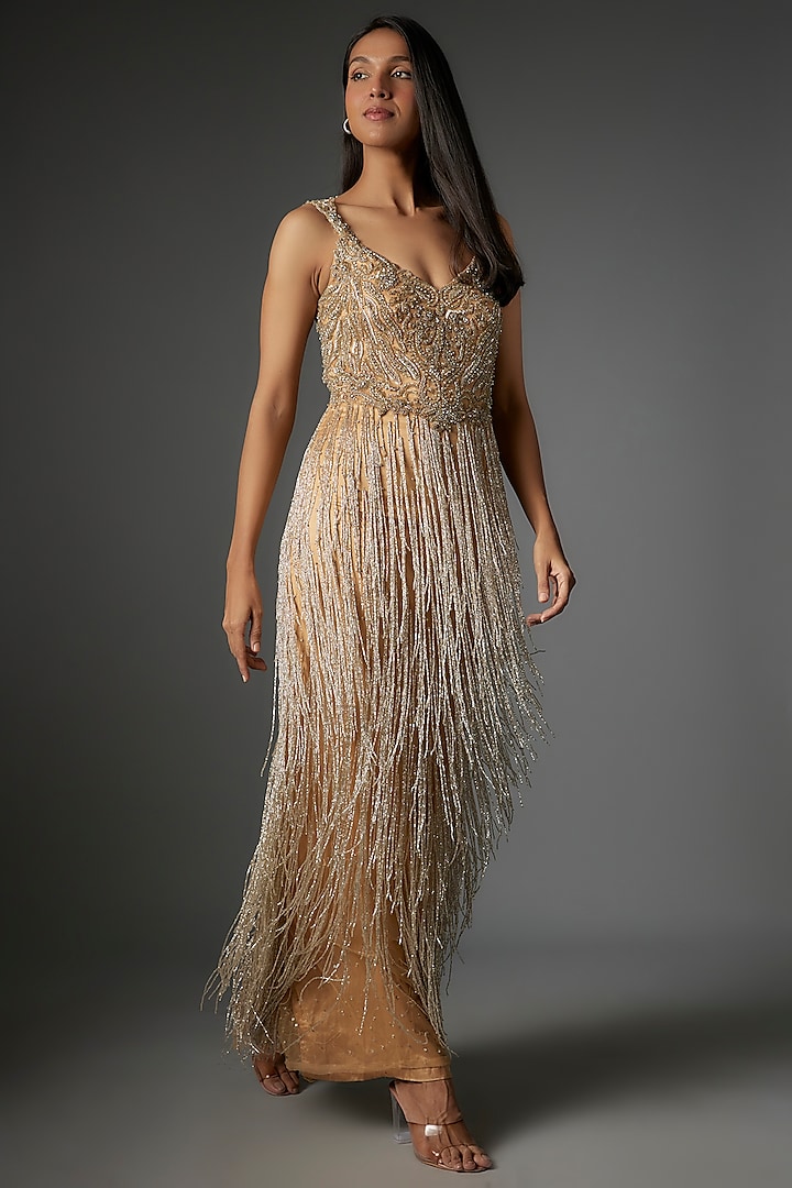 Gold Tulle & Dupion Silk Bead Embellished Gown by Neha Bafna