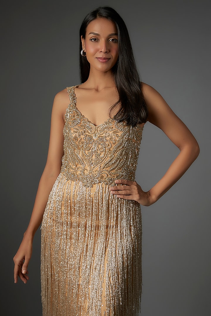 Gold Tulle & Dupion Silk Bead Embellished Wedding Gown by Neha Bafna at Pernia's Pop Up Shop