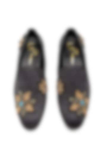 Grey Suede & Leather Embroidered Moccasin Shoes by NIDHI BHANDARI MEN