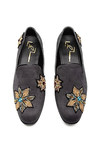 Grey Suede & Leather Embroidered Moccasin Shoes by NIDHI BHANDARI MEN