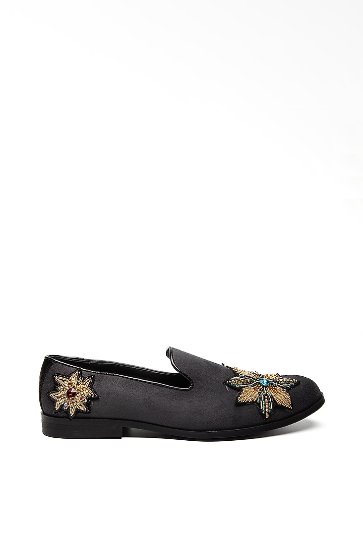 Grey Suede & Leather Embroidered Moccasin Shoes by NIDHI BHANDARI MEN at Pernia's Pop Up Shop