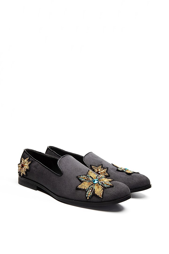Grey Suede & Leather Embroidered Moccasin Shoes by NIDHI BHANDARI MEN at Pernia's Pop Up Shop