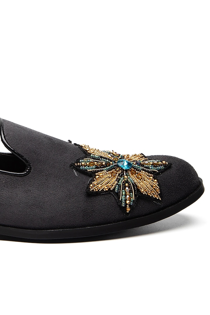 Grey Suede & Leather Embroidered Moccasin Shoes by NIDHI BHANDARI MEN at Pernia's Pop Up Shop