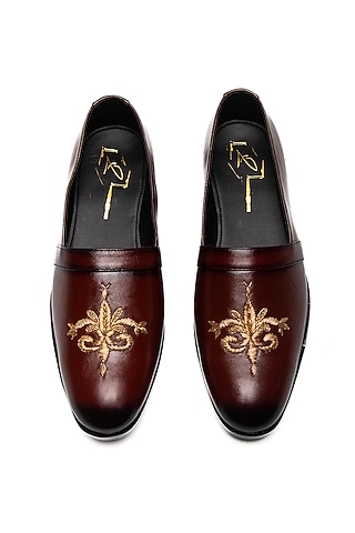 Cherry Red Leather Embroidered Moccasin Shoes by NIDHI BHANDARI MEN