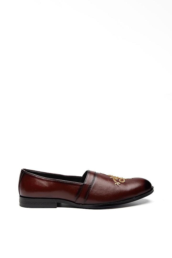 Cherry Red Leather Embroidered Moccasin Shoes by NIDHI BHANDARI MEN at Pernia's Pop Up Shop