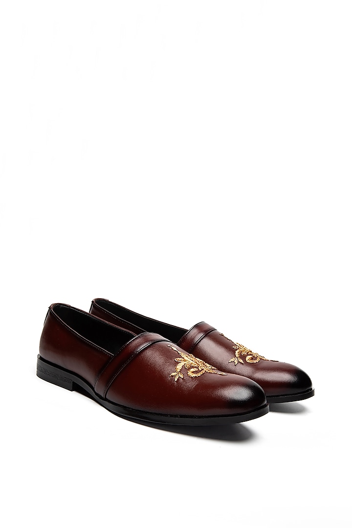 Cherry Red Leather Embroidered Moccasin Shoes by NIDHI BHANDARI MEN at Pernia's Pop Up Shop