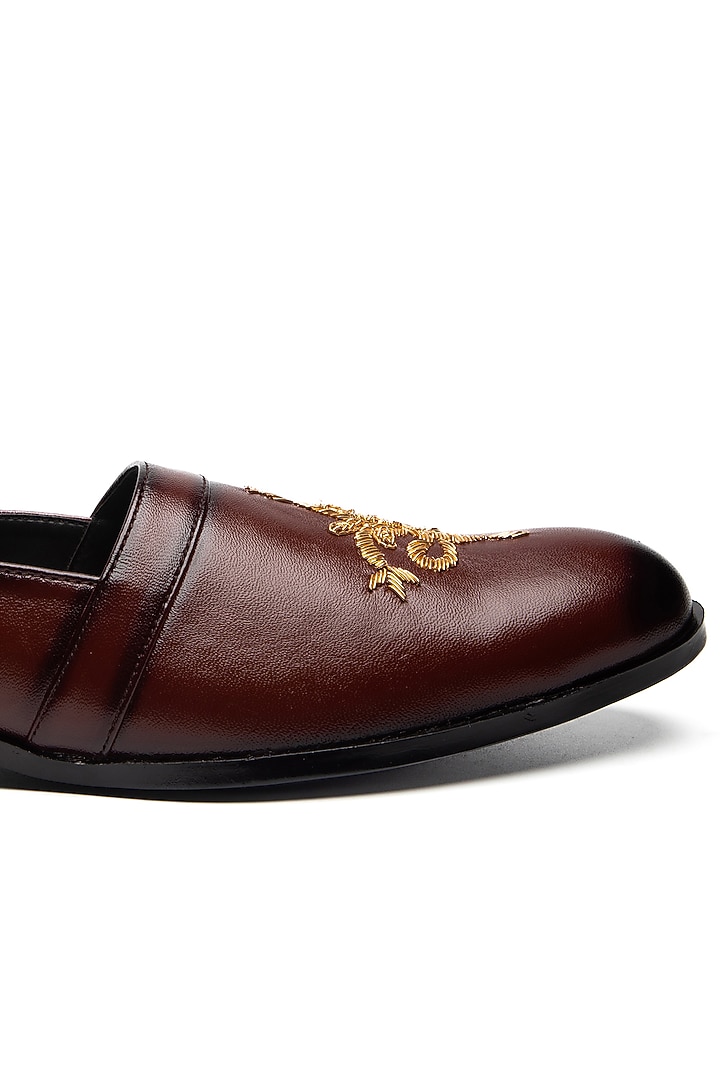Cherry Red Leather Embroidered Moccasin Shoes by NIDHI BHANDARI MEN at Pernia's Pop Up Shop