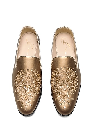 Antique Gold Faux Leather Embroidered Moccasin Shoes by NIDHI BHANDARI MEN