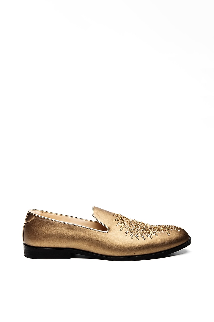Antique Gold Faux Leather Embroidered Moccasin Shoes by NIDHI BHANDARI MEN at Pernia's Pop Up Shop