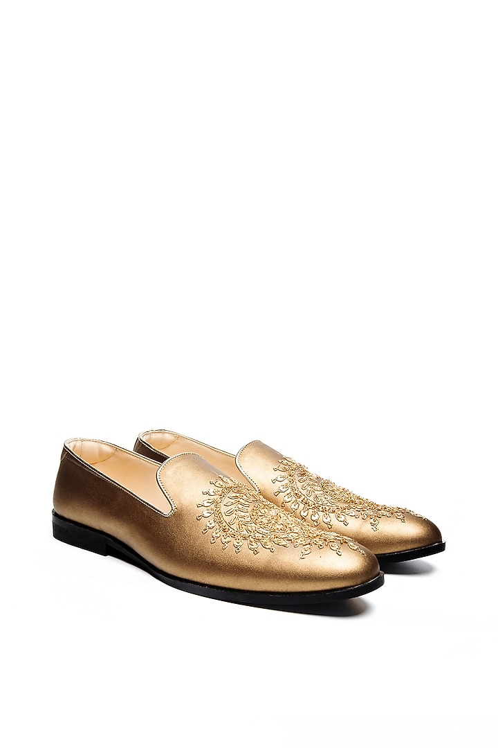 Antique Gold Faux Leather Embroidered Moccasin Shoes by NIDHI BHANDARI MEN at Pernia's Pop Up Shop