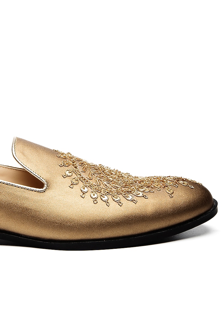 Antique Gold Faux Leather Embroidered Moccasin Shoes by NIDHI BHANDARI MEN at Pernia's Pop Up Shop