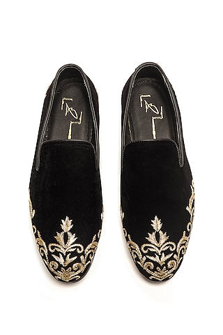 Black Velvet Embroidered Moccasin Shoes by NIDHI BHANDARI MEN