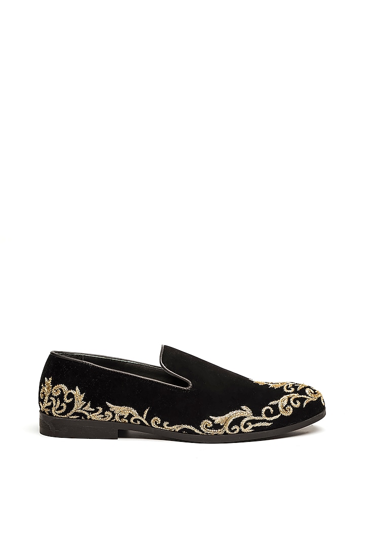 Black Velvet Embroidered Moccasin Shoes by NIDHI BHANDARI MEN at Pernia's Pop Up Shop