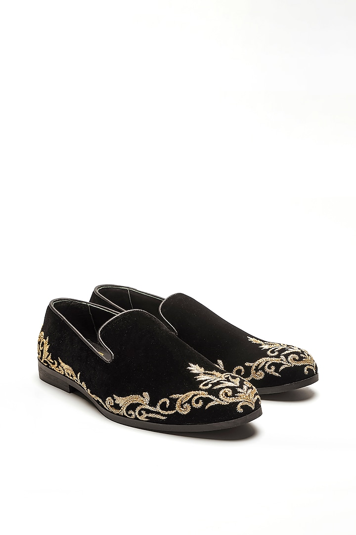 Black Velvet Embroidered Moccasin Shoes by NIDHI BHANDARI MEN at Pernia's Pop Up Shop