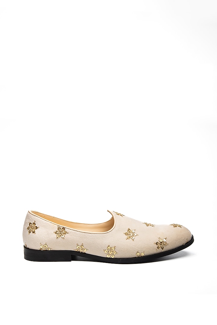 Light Beige Suede Embroidered Mojaris by NIDHI BHANDARI MEN at Pernia's Pop Up Shop