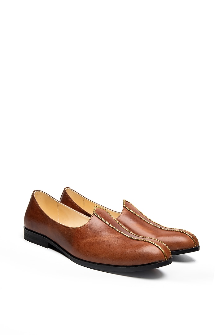 Tan Brown Napa Leather Mojaris by NIDHI BHANDARI MEN at Pernia's Pop Up Shop